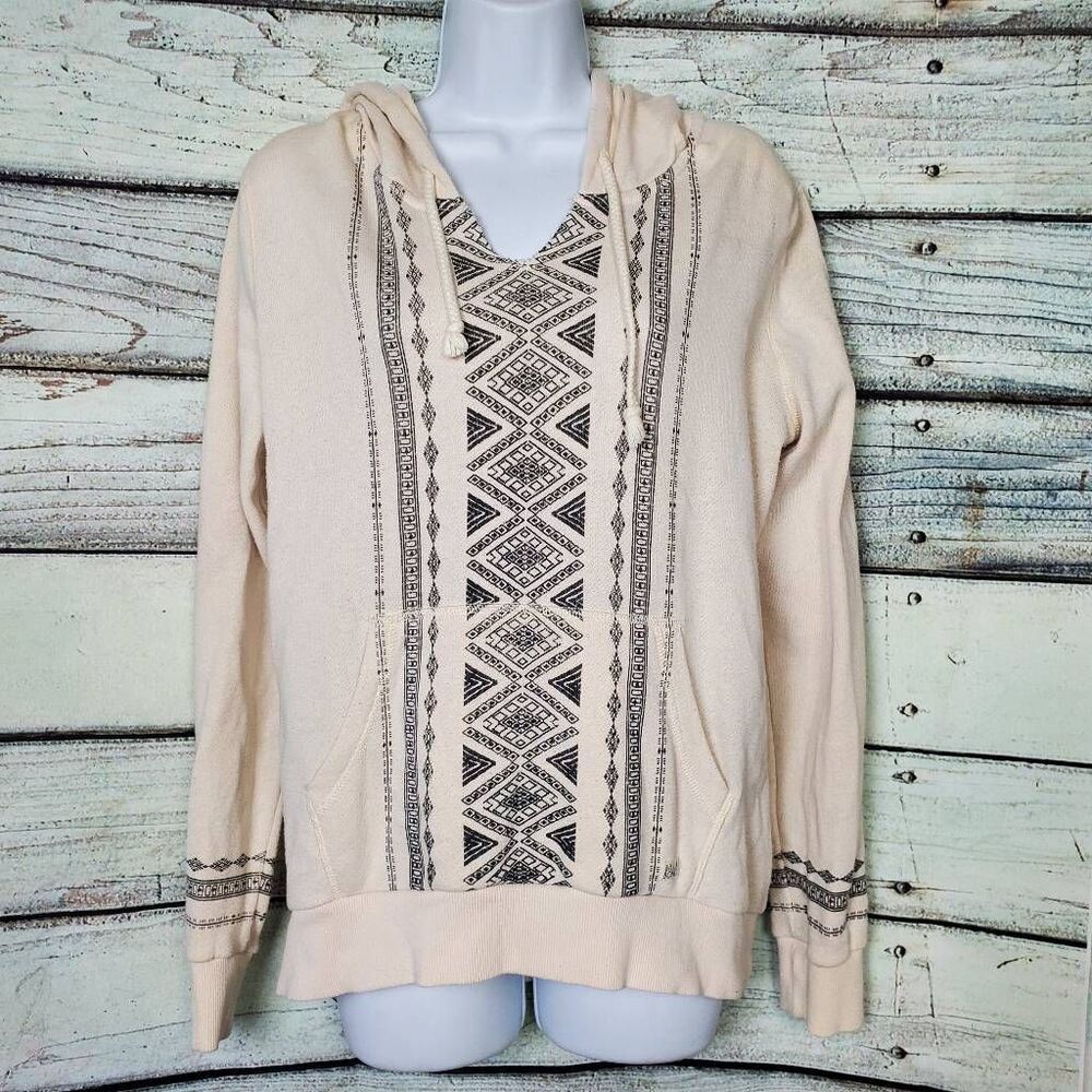 Cream Hooded Pullover Sweatshirt with Black Geo Trim